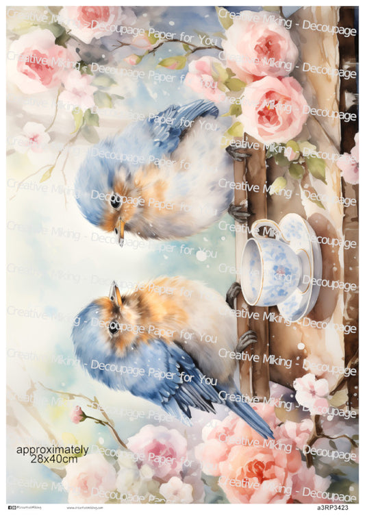 Blue Birds With Teacup and Roses Decoupage Paper | RP3423