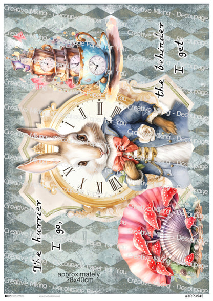White Rabbit Quote Decoupage Paper – “The Hurrier I Go, The Behinder I Get” | RP3545