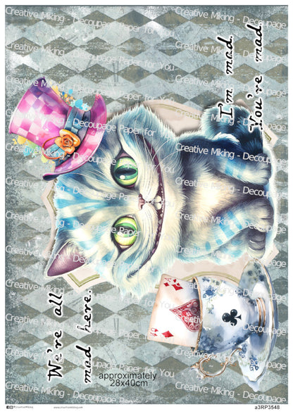 Cheshire Cat Quote Decoupage Paper – “We’re All Mad Here… I’m Mad, You’re Mad” | RP3548