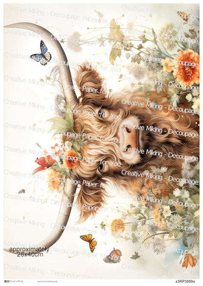 Highland Cow Among Wildflowers Decoupage Paper | RP3559a