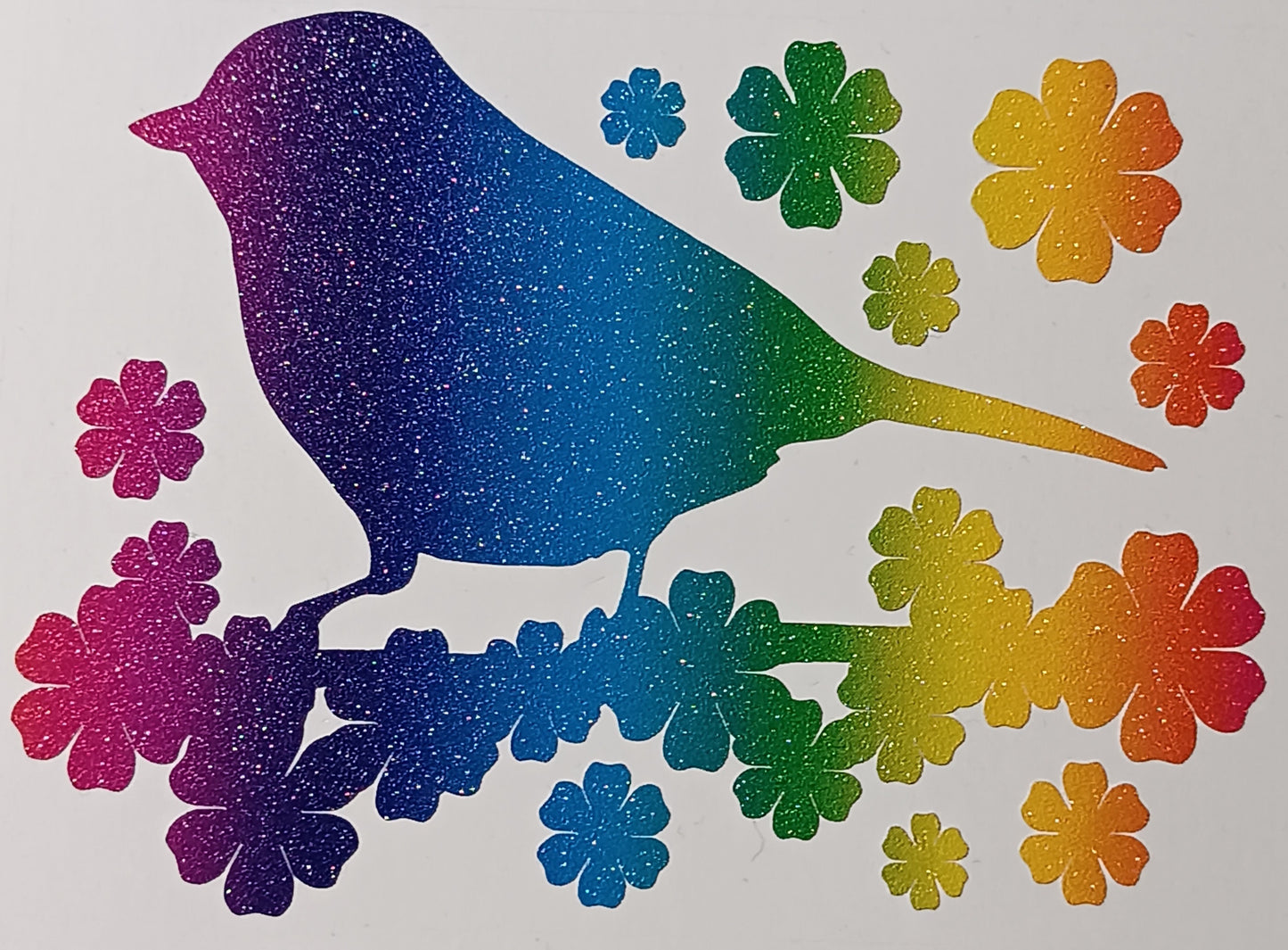 Vinyl Decal - Rainbow glitter effect Robin with Flowers