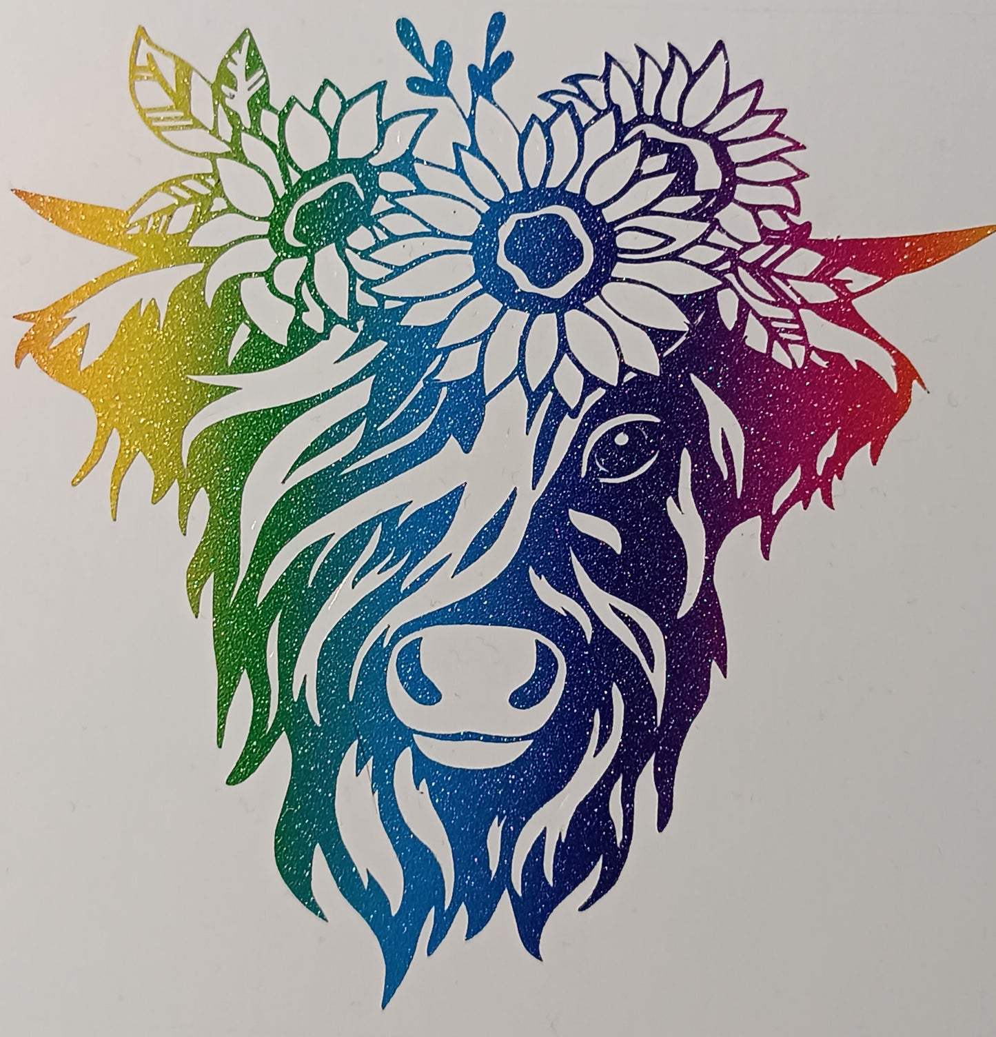 Vinyl Decal - Rainbow glitter effect Highland Cow with flowers