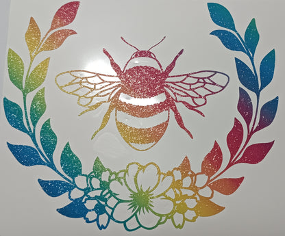 Vinyl Decal - Diagonal Rainbow Bee with Laurels wreath