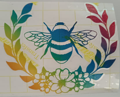 Vinyl Decal - Diagonal Rainbow Bee with Laurels wreath