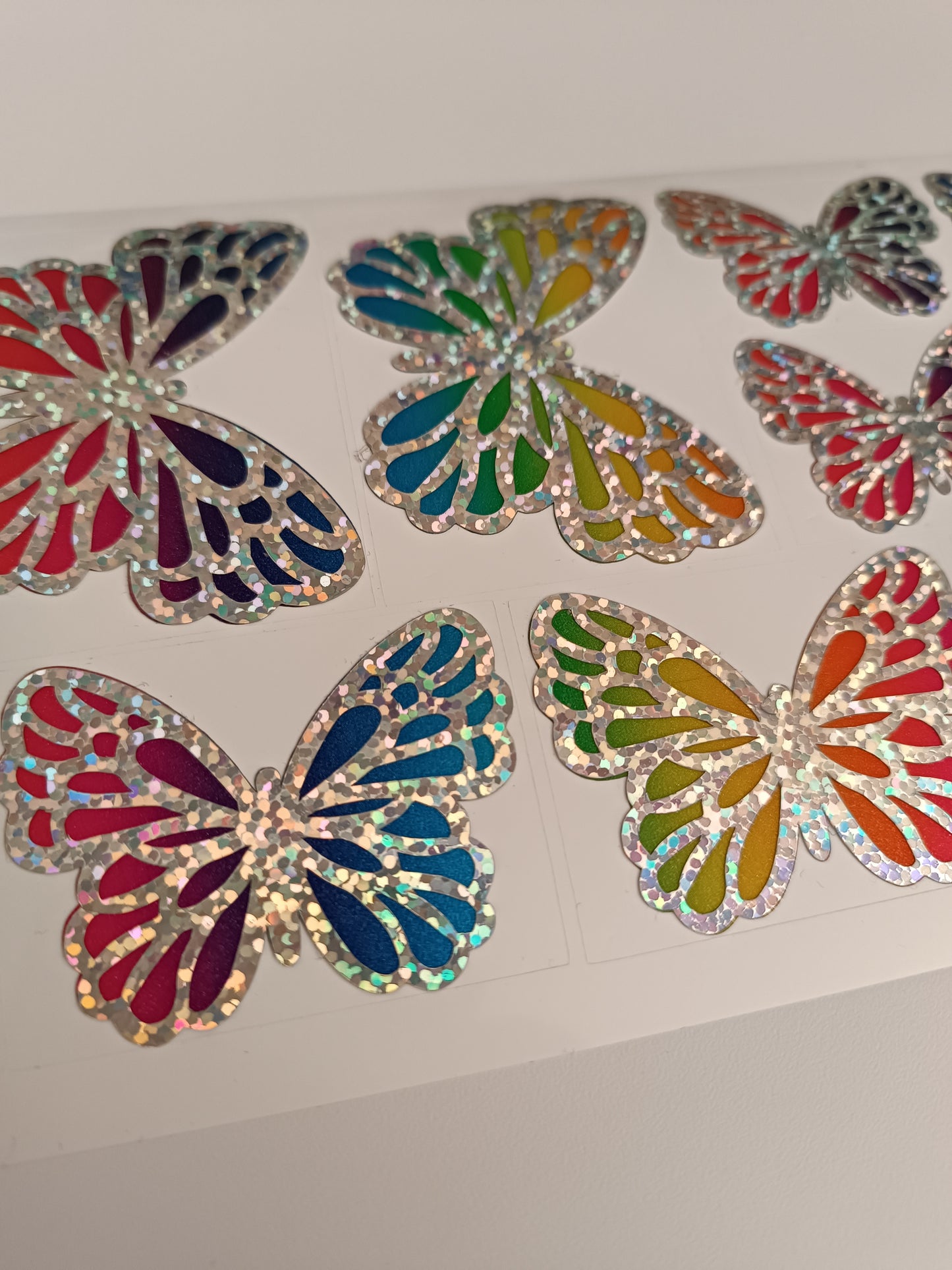 Vinyl Decal - Diagonal Galaxy Rainbow & Silver Holographic Butterflies