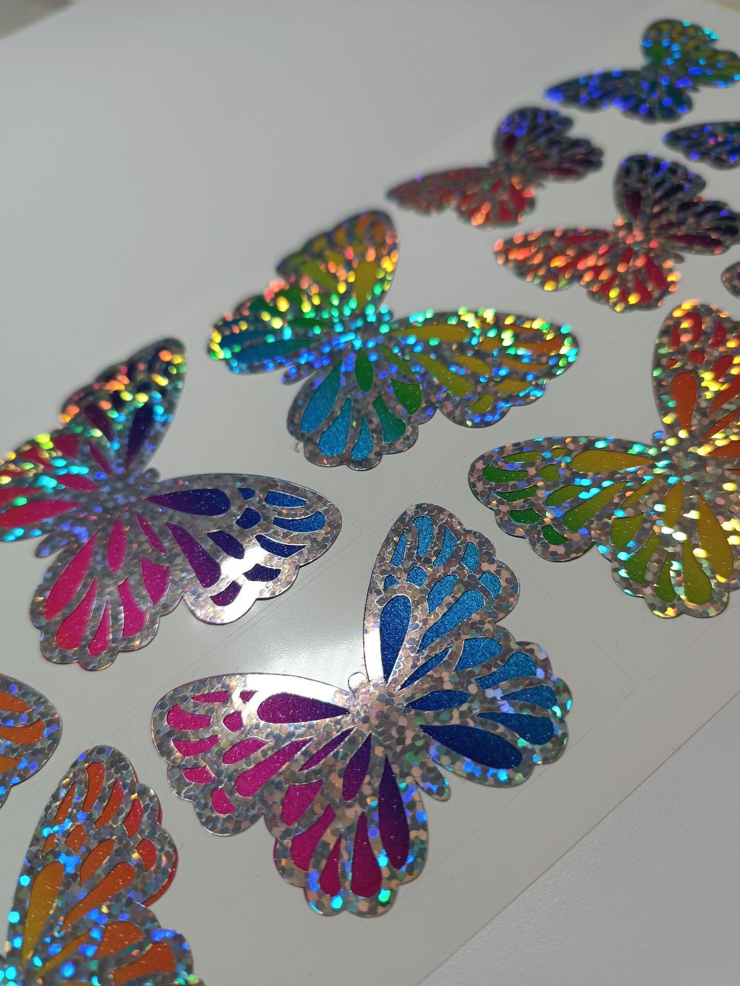 Vinyl Decal - Diagonal Galaxy Rainbow & Silver Holographic Butterflies