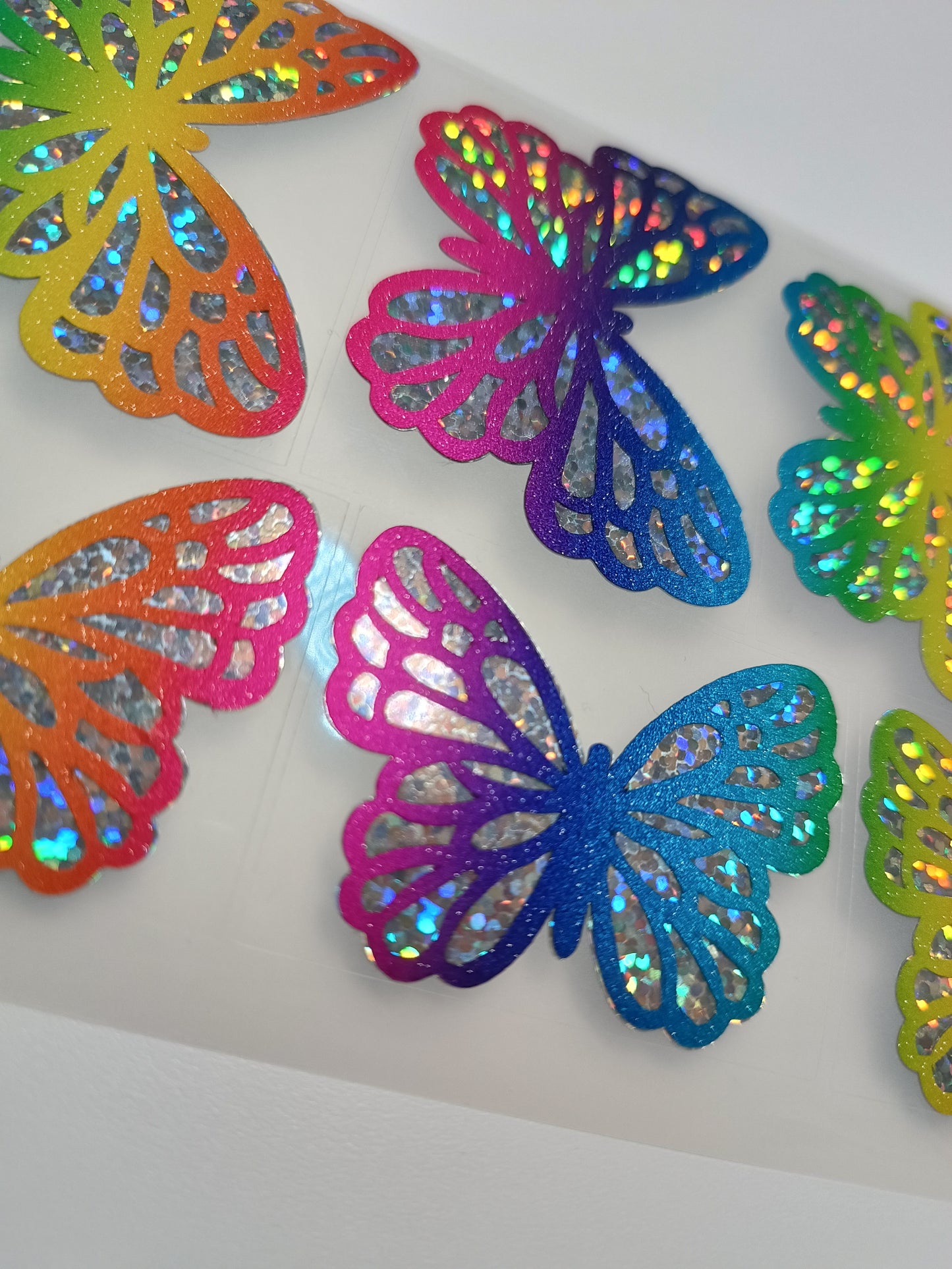 Vinyl Decal - Diagonal Galaxy Rainbow & Silver Holographic Butterflies