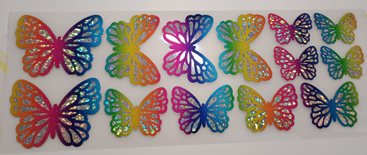 Vinyl Decal - Diagonal Galaxy Rainbow & Silver Holographic Butterflies