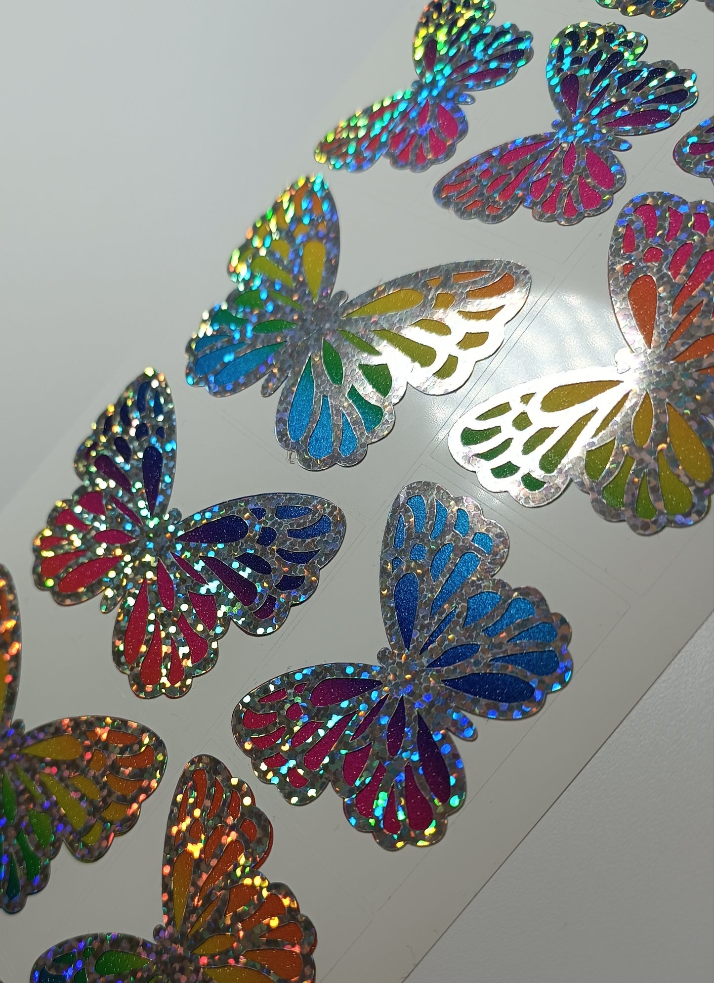 Vinyl Decal - Diagonal Galaxy Rainbow & Silver Holographic Butterflies