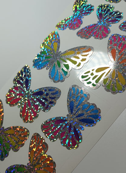 Vinyl Decal - Diagonal Galaxy Rainbow & Silver Holographic Butterflies