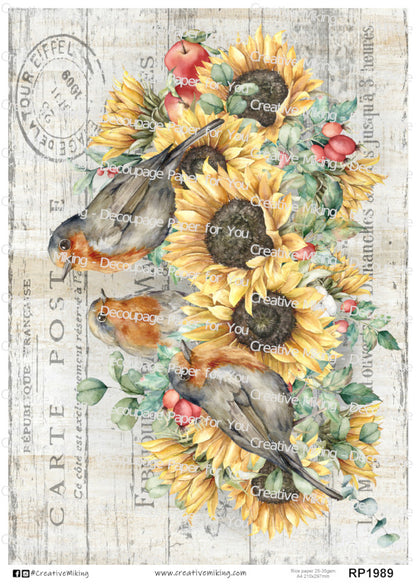 Robin Birds Among Sunflowers Decoupage Paper | RP1989
